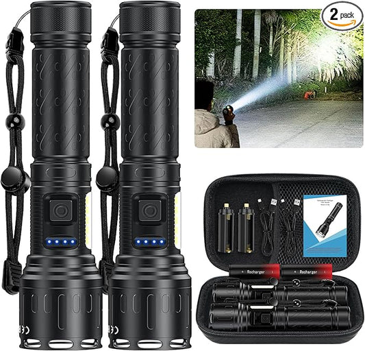Flashlights 100,000 High Lumens Rechargeable - Super Bright LED Magnetic Flashlight with Sidelight 8 Modes Waterproof Powerful Handheld Flash Light for Emergency (2 Pack with Leather Box, Black)