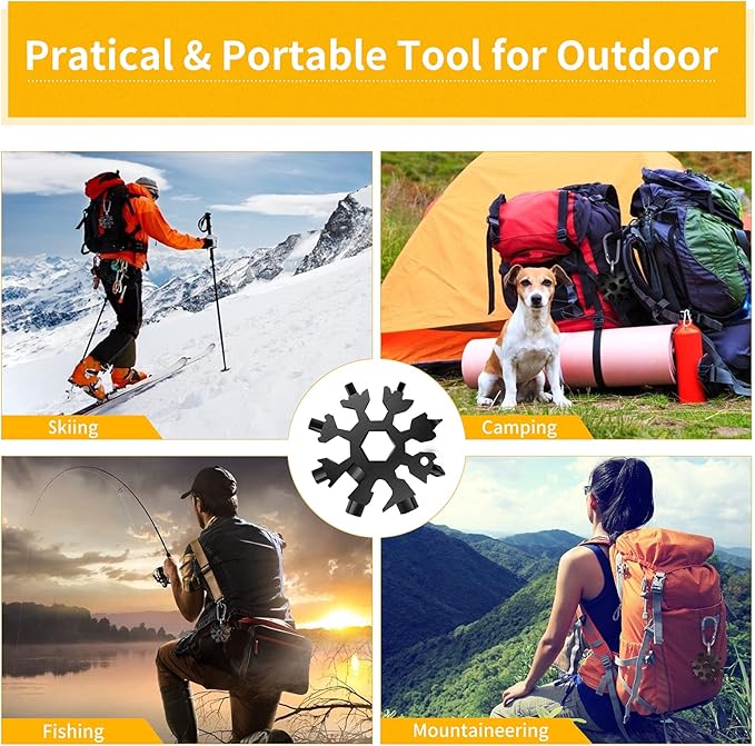 FZENeast Snowflake Multitool, 2 Pcs 18-in-1 Stainless Steel Snowflake Standard Multi-Tool, Snowflake Wrench with Key Ring, Carabiner Clip and Storage Bag (Black)
