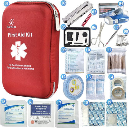deftget 163 Pieces First Aid Kit Waterproof IFAK Molle System Portable Essential Injuries Medical Emergency Equipment Survival Kits for Car Kitchen Camping Travel Office Sports Home Ligth Red