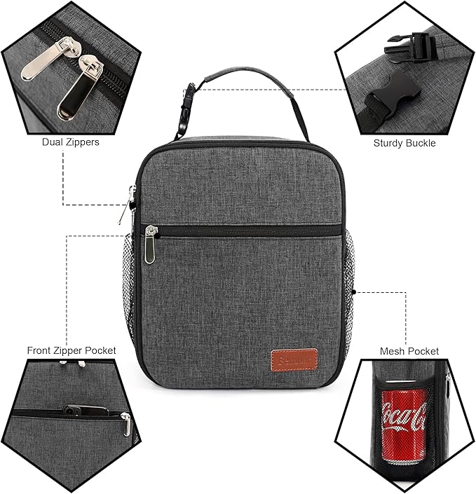 Femuar Lunch Box for Men Women Adults Small Lunch Bag for Office Work Picnic - Reusable Portable Lunchbox, Charcoal Grey