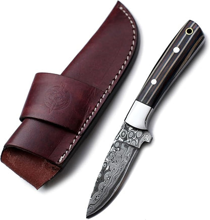 Handmade Damascus Steel Knife for Hunting,Survival,Camping,Bushcraft,and Fishing,Fixed Blade with Drop Point Full Tang Micarta Handle, Leather Sheath - WKD-808