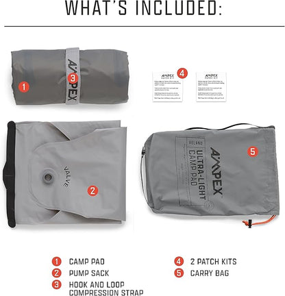 AMPEX Ultra-Light Inflatable Camp Pad | Insulated Air Mattress or Sleeping Pad for Camping, Backpacking, Adults, Kids (Long/Wide Size)
