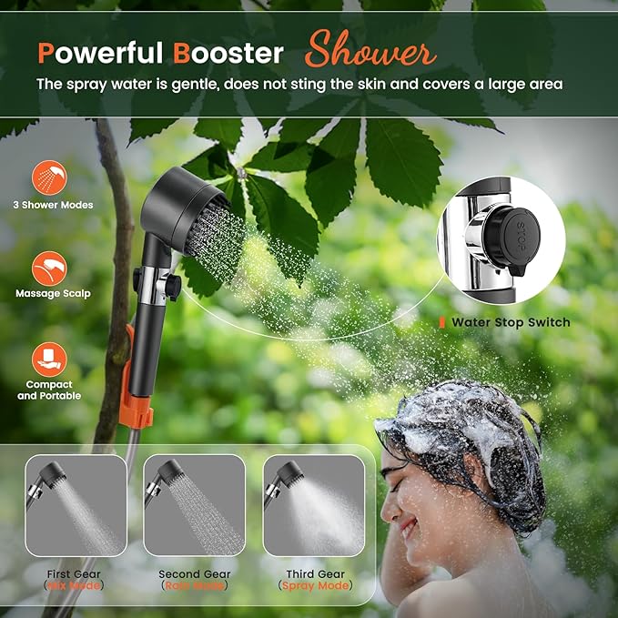 Ideashop Portable Camping Shower Set, Electric Outdoor Camp Shower Pump, Powered by Rechargeable Battery, 3 Flow Mode Head Nozzle, Portable Shower for Camping, Hiking, Traveling, Washing