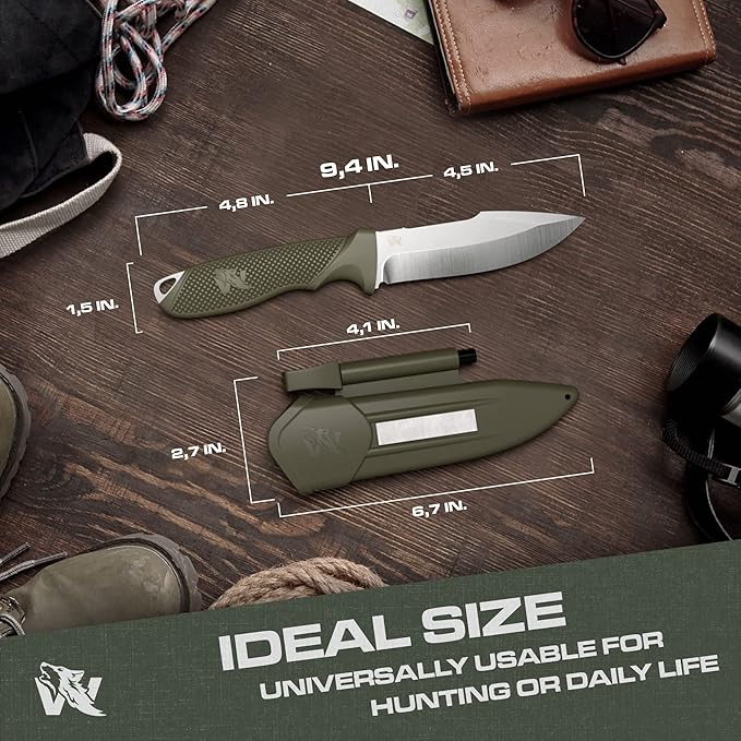 WOLF-III Full Tang Survival Knife with Fire Starter and Sheath - Stylish Tactical Fixed Blade Knife - Made of D2 Steel - Bushcraft and Camping Knife - With Belt Loop, Plug Lock & Multi Lok