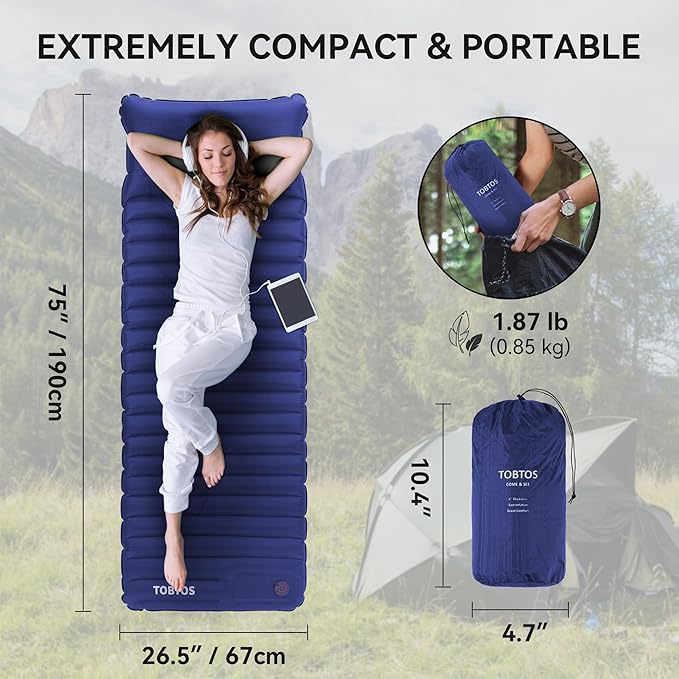 TOBTOS Inflatable Sleeping Pad for Camping with Pillow, 4" Thick Camping Mat with Built-in Foot Pump, Compact Air Mattress for Camping, Hiking, Backpacking (Blue)