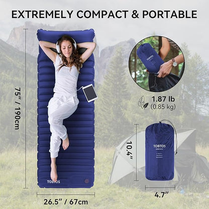 TOBTOS Inflatable Sleeping Pad for Camping with Pillow, 4" Thick Camping Mat with Built-in Foot Pump, Compact Air Mattress for Camping, Hiking, Backpacking (Blue)