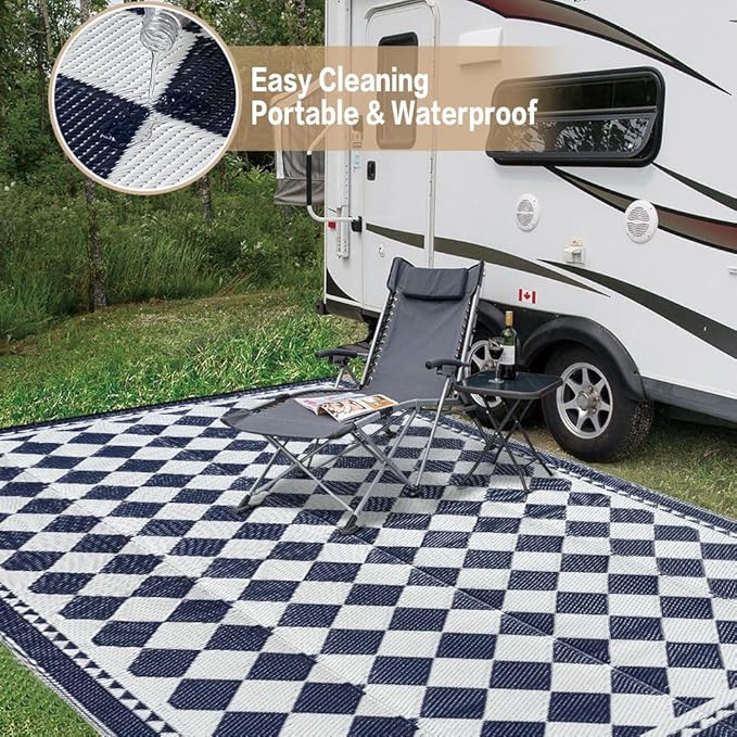 Outdoor Waterproof Rug 6'x9' Plastic Straw Rugs Washable Reversible Floor Mat Blue Plaid Carpet for Camping RV Deck Entryance Porch Picnic Balcony Beach Backyard