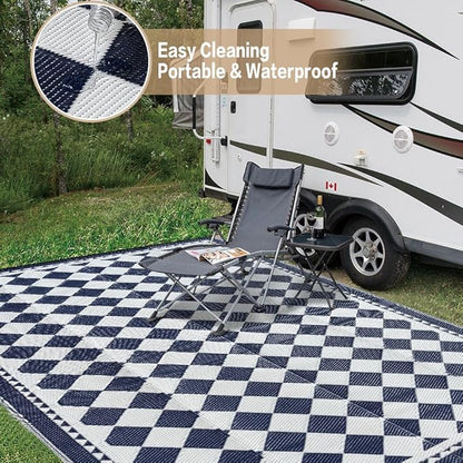 Outdoor Waterproof Rug 6'x9' Plastic Straw Rugs Washable Reversible Floor Mat Blue Plaid Carpet for Camping RV Deck Entryance Porch Picnic Balcony Beach Backyard