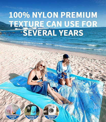LH Beach Blanket Waterproof Sandproof, 84"*84" Large Beach Blanket for 5 Adults, Picnic Blanket Beach Mat for Camping, Beach Essentials Big & Compact Quick Drying, Lightweight & Durable with 4 Stakes