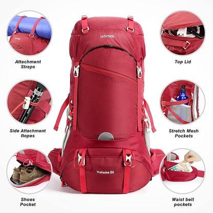 HOMIEE 50L Hiking Backpack Travel Bag Waterproof Camping Backpack with Rain Cover Lightweight Backpacking Backpack Rucksack