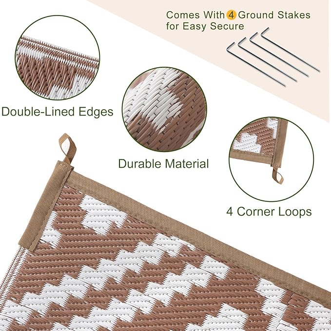 OPPODREAM Outdoor Rug 9x12 Patio Waterproof, Large Outdoor Plastic Straw Rug, Reversible Out Door Carpet for Camping, Deck, Rv, 9 x 12 Area Carpet for Balcony, Porch, Backyard, White and Brown