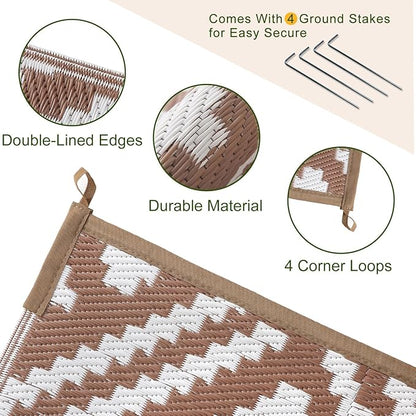 OPPODREAM Outdoor Rug 9x12 Patio Waterproof, Large Outdoor Plastic Straw Rug, Reversible Out Door Carpet for Camping, Deck, Rv, 9 x 12 Area Carpet for Balcony, Porch, Backyard, White and Brown