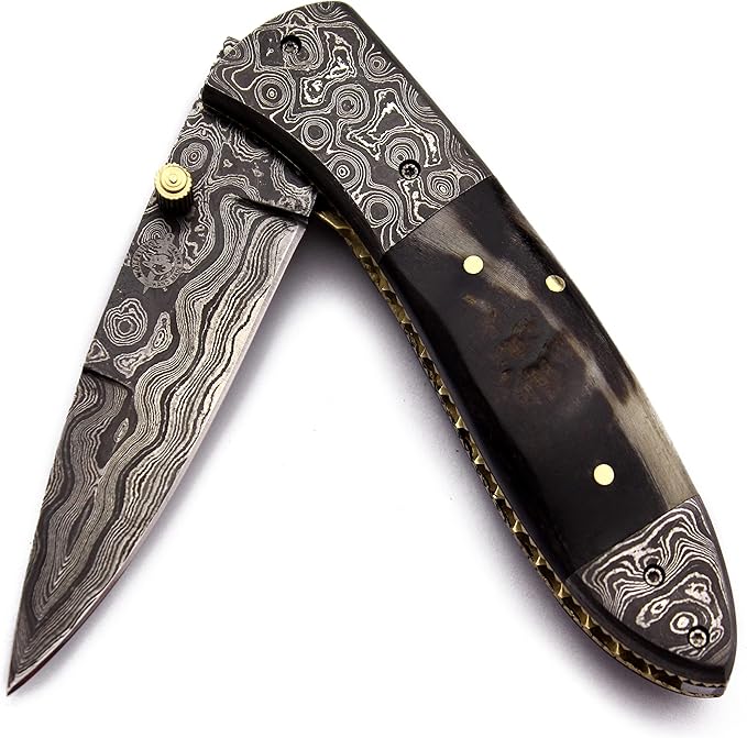 Handmade Damascus Steel Pocket,FoldingKnife Bowie for Hunting,Survival,Camping,Bushcraft and Fishing -Fixed Blade Dagger with Folding Full Tang-Micarta Handle with Cowhide-Leather Sheath-DCX 21 -96