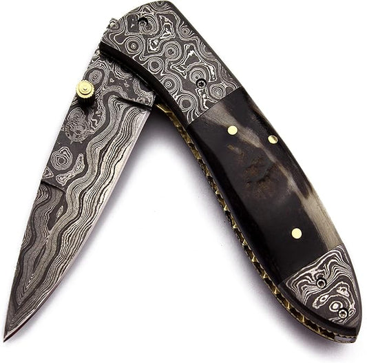 Handmade Damascus Steel Pocket,FoldingKnife Bowie for Hunting,Survival,Camping,Bushcraft and Fishing -Fixed Blade Dagger with Folding Full Tang-Micarta Handle with Cowhide-Leather Sheath-DCX 21 -96
