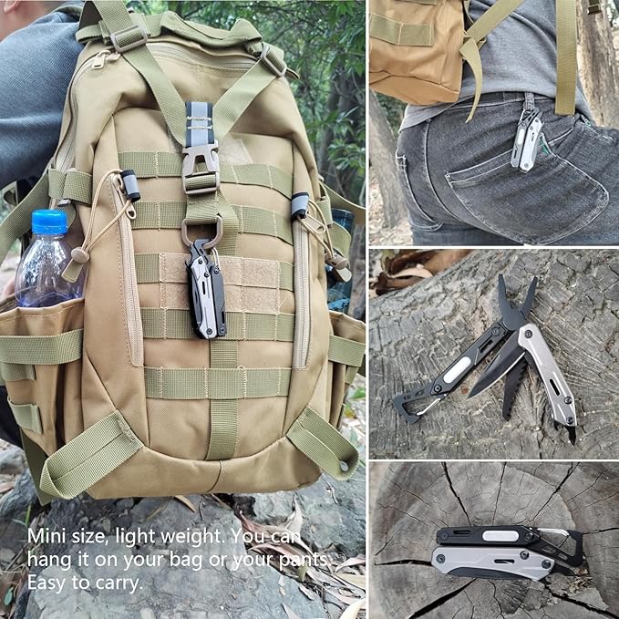 Mini pockets multitool 8-in-1 with Mini Tools Knife Pliers and Wood saw - Multi Tool All in One, camping and hiking gear, EDC gadgets, Pockets folding knife pliers. Christmas gift for man and dad
