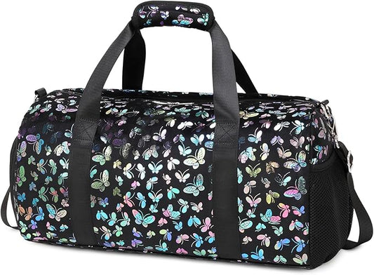 Duffle Bag for Girls Soft Fuzzy Butterfly Dance Bag for Girls Sports Gym Bag Ballet Bag Travel Duffle Bags with Shoes Compartment and Wet Pocket