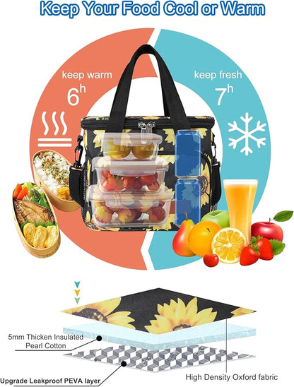 Femuar Lunch Bags for Women/Men, Insulated Lunch Bag for Work Office - Lunch Cooler Bag Leakproof Lunch Box with Adjustable Shoulder Strap - Sunflower