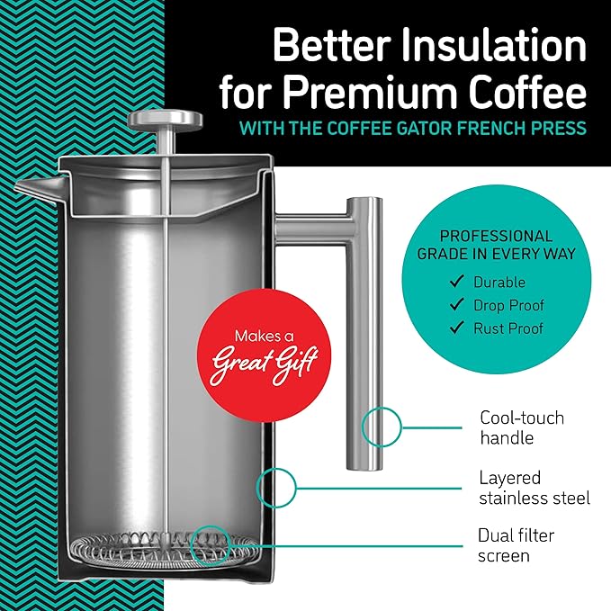 Coffee Gator French Press Coffee Maker 34oz, Double Insulated Stainless Steel Brewer plus Travel Jar Canister, Portable Hot Cold Brew Teapot Cafetera for Coffee Bar Accessories Kitchen Camping, Silver