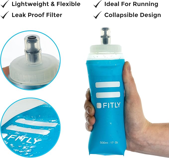 Large Soft Flask - 17 oz (500 ml) - Shrink As You Drink Pocket Soft Water Bottle for Hydration Pack/Running Vest- Folding Water Bottle for Running, Hiking, Cycling - Ski Water Bottles (F5L)