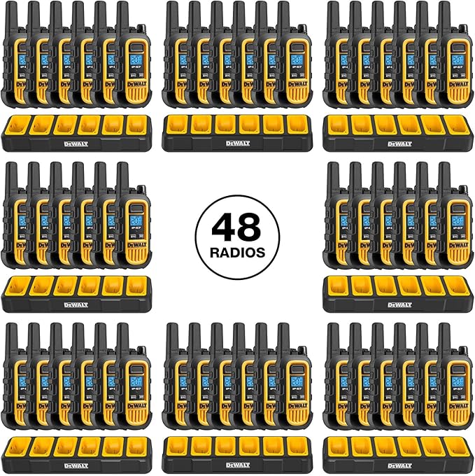 DEWALT DXFRS300 1 Watt Heavy Duty Walkie Talkies - Waterproof, Shock Resistant, Long Range & Rechargeable Two-Way Radio with VOX (48 Pack w/ 8X Gang Chargers) (8DXFRS300-BCH6)