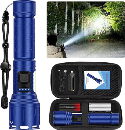 Flashlights 100,000 High Lumens Rechargeable - Super Bright LED Magnetic Flashlight with Sidelight 8 Modes Waterproof Powerful Handheld Flash Light for Emergency (1 Pack with Leather Box, Blue)