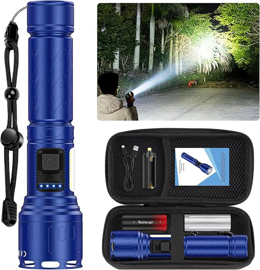 Flashlights 100,000 High Lumens Rechargeable - Super Bright LED Magnetic Flashlight with Sidelight 8 Modes Waterproof Powerful Handheld Flash Light for Emergency (1 Pack with Leather Box, Blue)
