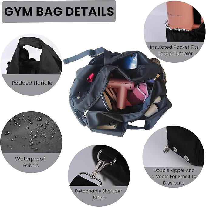 Yoga Bag for Women – 17 Inch Waterproof 210D Polyester, Detachable Strap, Insulated Tumbler Pocket, Double Zipper, Ventilated Gym Tote