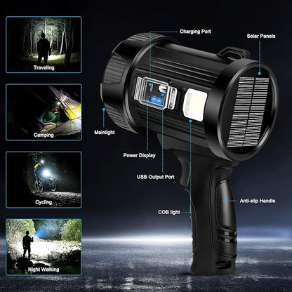 GRC Rechargeable Spotlight, 90000 Lumens Super Bright Handheld Spotlight Flashlight with Solar Panels, Led Spot Lights for Outdoor,Hunting,Camping,Boating