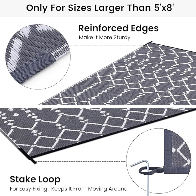 Smiry Outdoor Rug 6x9 ft, Waterproof Reversible Plastic Straw Rugs, Boho Outdoor Area Rug, Outside Floor Mat for Patio, Backyard, Deck, Picnic, Beach, Camping, Grey