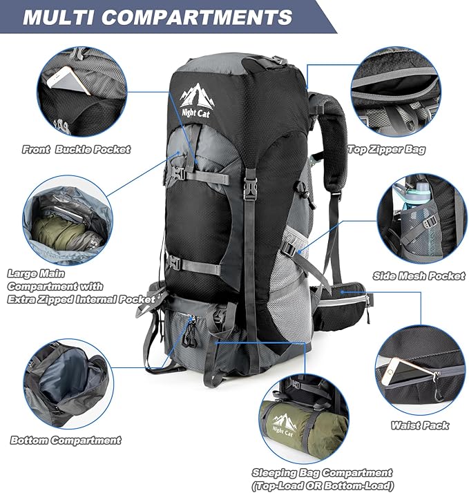 Night Cat Hiking Backpacks 70L Camping Backpacking Packs for Men Women Lightweight Outdoor for Mountaineering Traveling, No Internal Frame