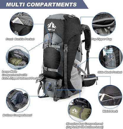 Night Cat Hiking Backpacks 70L Camping Backpacking Packs for Men Women Lightweight Outdoor for Mountaineering Traveling, No Internal Frame