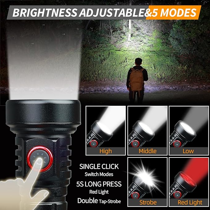 Rechargeable Flashlights High Lumens, Small LED Flashlight 2000 Lumens, EDC Super Bright Flashlight, IP68 Waterproof Flashlights for Camping Hiking Emergencies -Black