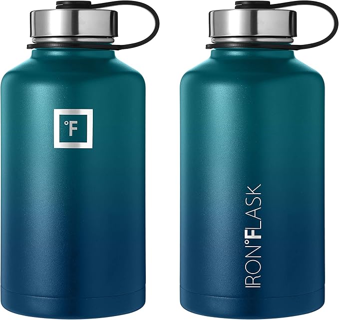 IRON °FLASK Camping & Hiking Hydration Flask, Wide Mouth, 3 Straw Lids, Stainless Steel Outdoor Water Bottle, Double Walled, Insulated Thermos, Metal Canteen - Dark Night, 64 Oz
