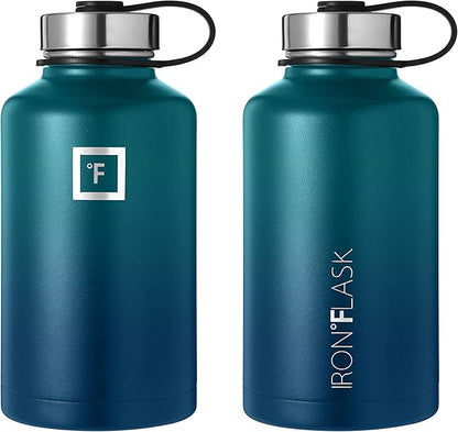 IRON °FLASK Camping & Hiking Hydration Flask, Wide Mouth, 3 Straw Lids, Stainless Steel Outdoor Water Bottle, Double Walled, Insulated Thermos, Metal Canteen - Dark Night, 64 Oz
