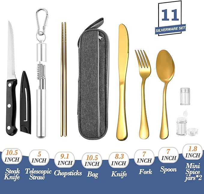 Portable Travel Reusable Utensils Silverware with Case,Travel Camping Cutlery set,Chopsticks and Straw, Stainless steel Travel Utensil set(Gold)
