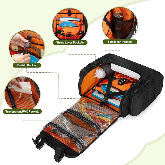 Large Tactical Camping Kitchen Organizer, Hanging Cookware Storage Bag with Paper Towel Holder & Multi Pockets, Portable Camp Utensil Organizer for Outdoor BBQ Cooking Essentials, Bag Only