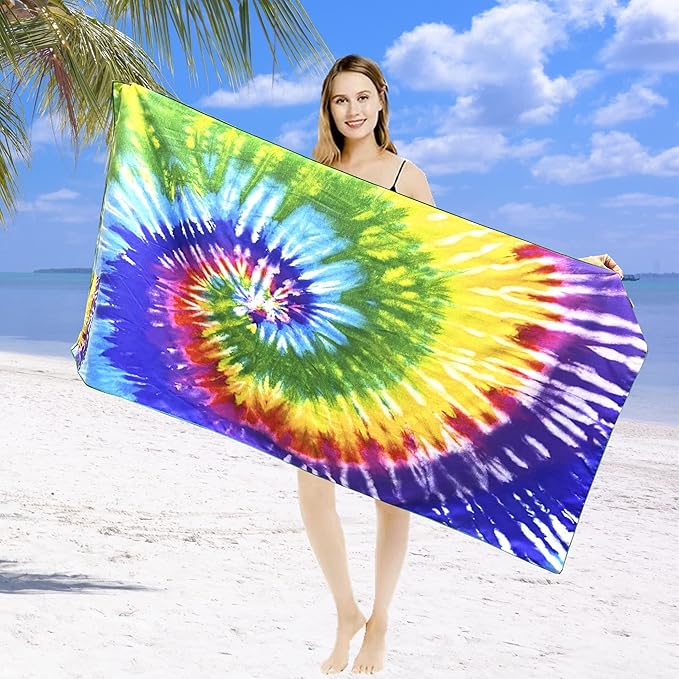 HAOKUN Microfiber Sand Free Beach Towel with Zipper Pocket Fast Dry Oversized Lightweight Big Large Towels for Travel Pool Swimming Bath Camping Adult Women Men Tie Dye Beah Towel (tie dye Colorful