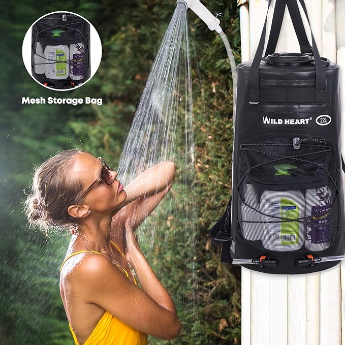 WILD HEART Camping Shower 22L/ 12L Portable Shower for Camping with Pressure Foot Pump and Hose - Solar Shower Bag backpack for Camping, Road Trip & Outdoor Use