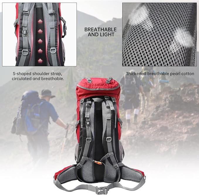 King'sGuard Hiking Backpack for Men and Women 70L+5L Waterproof Lightweight Camping Daypack with Rain Cover for Outdoor Travel Mountaineering - Frameless (Red)