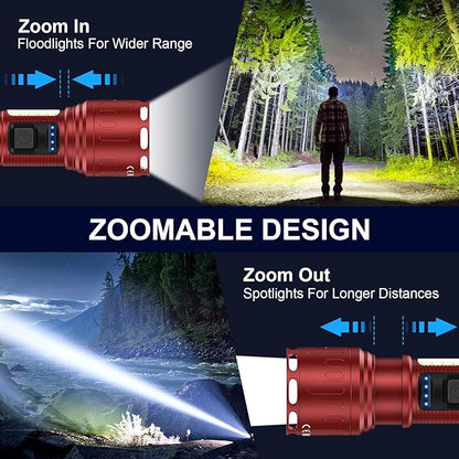 Flashlights 100,000 High Lumens Rechargeable - Super Bright LED Magnetic Flashlight with Sidelight 8 Modes Waterproof Powerful Handheld Flash Light for Emergency (1 Pack with Leather Box, Red)
