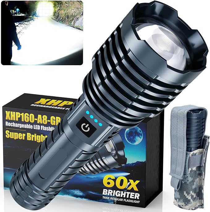 Super Bright Rechargeable LED Flashlights,True 2500000 High Lumens, Powerful Tactical Flashlight Up to 25H Long Battery Life |Zoomable|5Light Modes|IP67 Water Resistant for Camping (Grey)