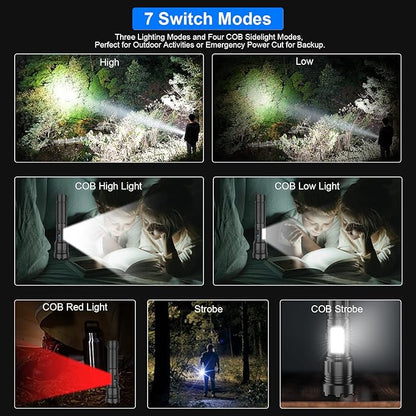 Rechargeable Flashlights High Lumens, 10000LM Powerful Tactical Flashlights, 7 Modes LED Flashlight Adjustable, Brightest Flashlight Waterproof, Handheld Flash Light for Emergencies, Camping, Hiking