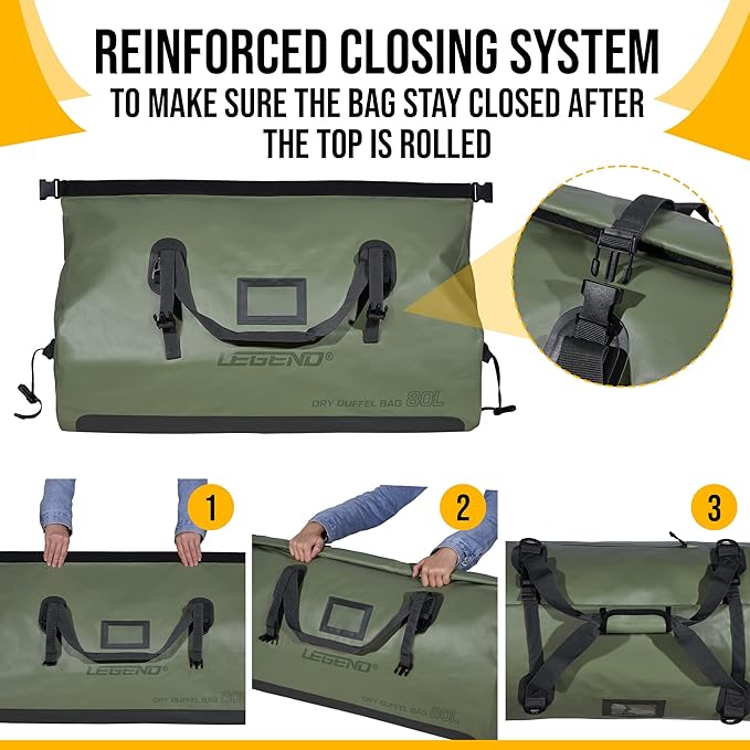 LEGEND Waterproof Duffel Bag - Heavy Duty Duffle Bag for Outdoor, Camping, Boating & Travel, Premium PVC Dry Duffel Bag, Motorcycle Dry Bag with Durable Strap & Handles with Large Storage - 60L Green