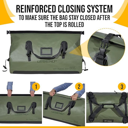 LEGEND Waterproof Duffel Bag - Heavy Duty Duffle Bag for Outdoor, Camping, Boating & Travel, Premium PVC Dry Duffel Bag, Motorcycle Dry Bag with Durable Strap & Handles with Large Storage - 60L Green
