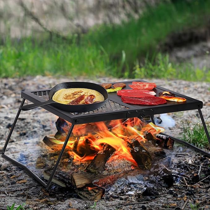 REDCAMP Folding Campfire Grill Heavy Duty Steel Grate, Portable Camp Fire Cooking Racks and Griddle for Outdoor Versatile Campfire Cooking