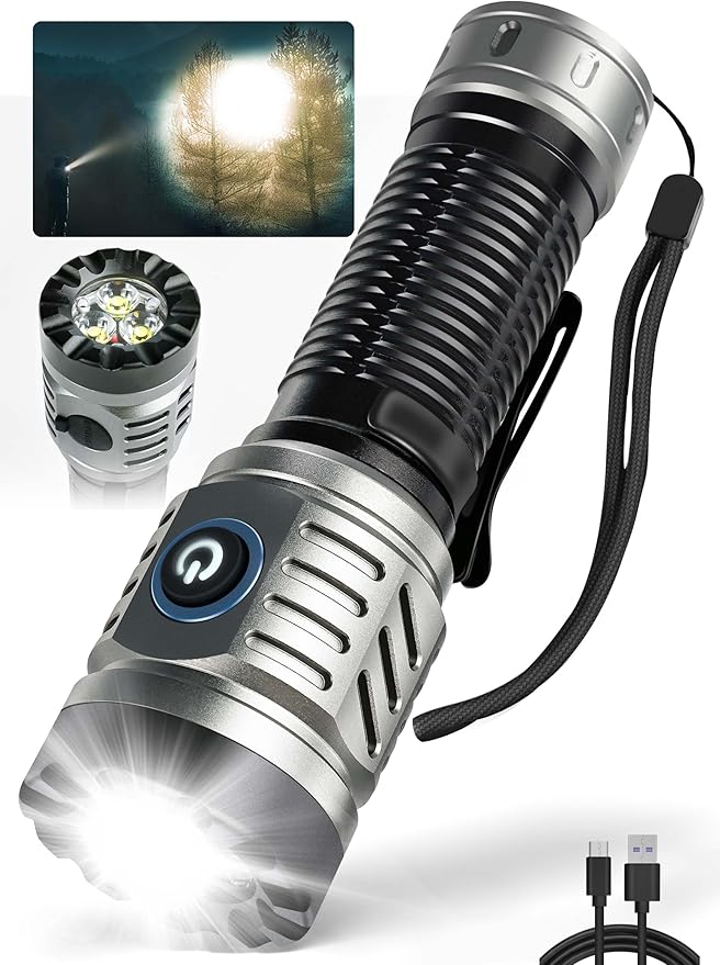 Rechargeable Flashlight - 1500 High Lumens, Powerful LED Flashlight with 4 Lighting Modes, Strobe, Handheld Tactical Flashlight with Clip for Emergencies, Camping, Hiking