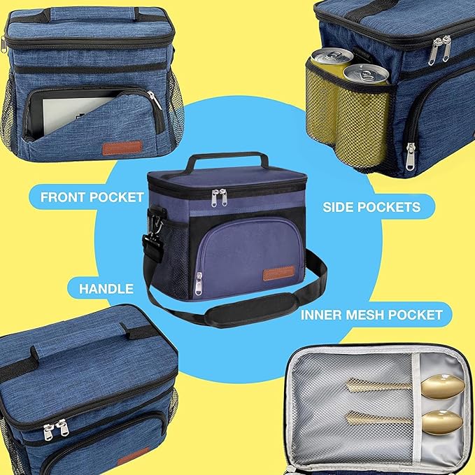 ExtraCharm Insulated Lunch Bag for Women/Men - Reusable Lunch Box for Office Picnic Hiking Beach - Leakproof Cooler Tote Bag Organizer with Adjustable Shoulder Strap for Adults