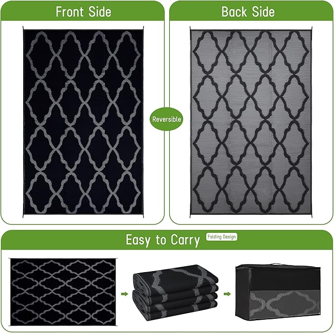 Easy-Going Reversible Outdoor Rugs 6x9ft Waterproof Plastic Straw Rug Stain & UV Resistant Floor Mat for Patio Porch RV Backyard Pool Deck Picnic Beach Trailer Camping (Moroccan Black & Grey)