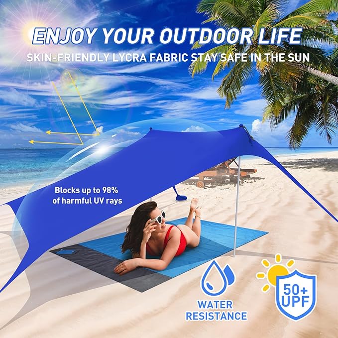 Beach Tent Pop Up Shade Canopy Sun Shelter UPF50+ with 4 Stability Poles/Carry Bag/Ground Pegs/Sand Shovel/Windproof Ropes Portable Outdoor Family Sunshade for Camping (Royal Blue,7×7FT)