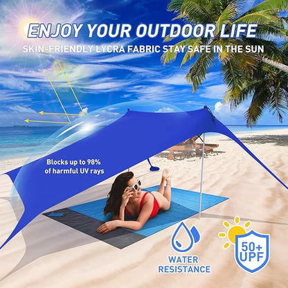 Beach Tent Pop Up Shade Canopy Sun Shelter UPF50+ with 4 Stability Poles/Carry Bag/Ground Pegs/Sand Shovel/Windproof Ropes Portable Outdoor Family Sunshade for Camping (Royal Blue,7×7FT)